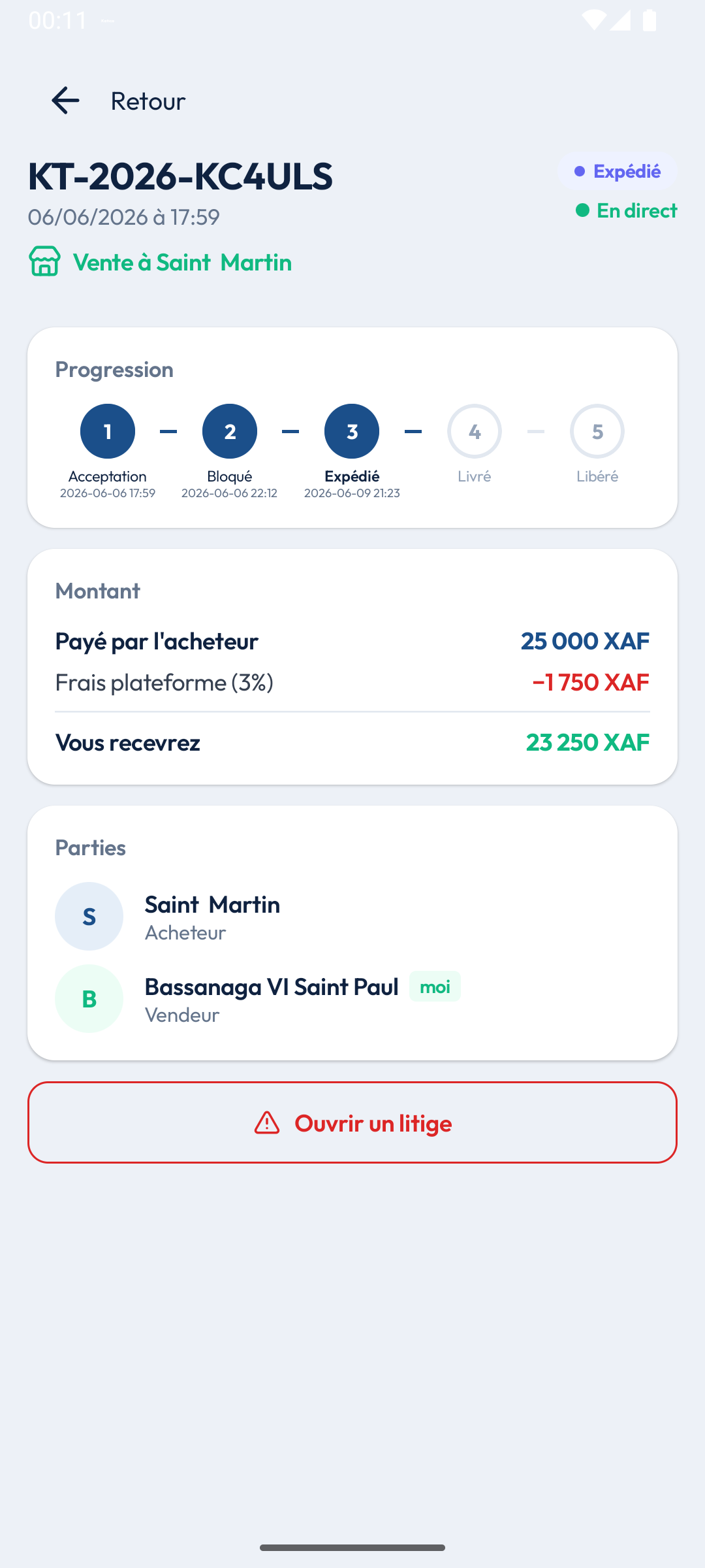 Katica transaction detail — escrow in progress